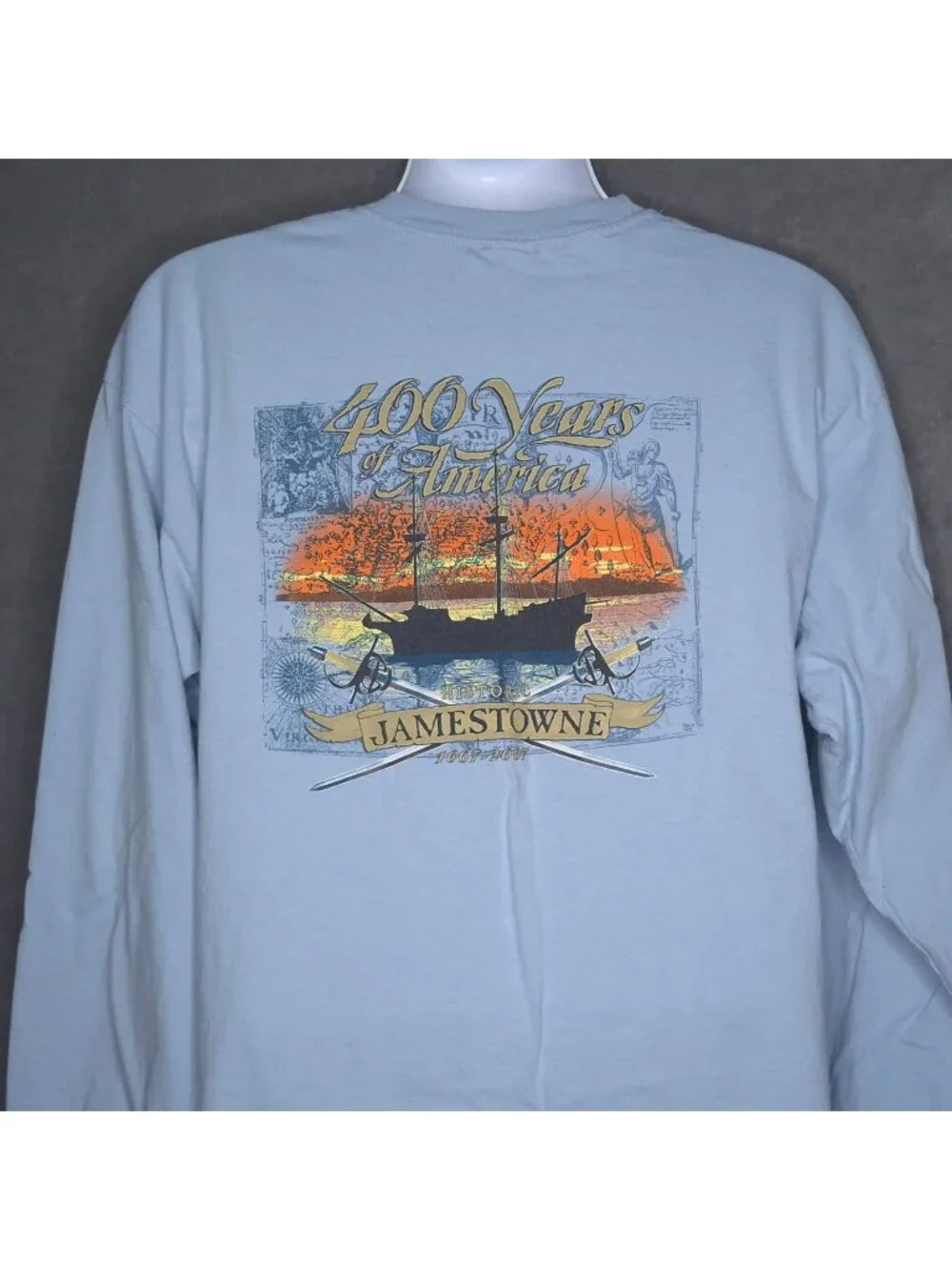 Jamestowne Long Sleeve T-shirt  XL Light Blue Crew Neck 400 Years Of America